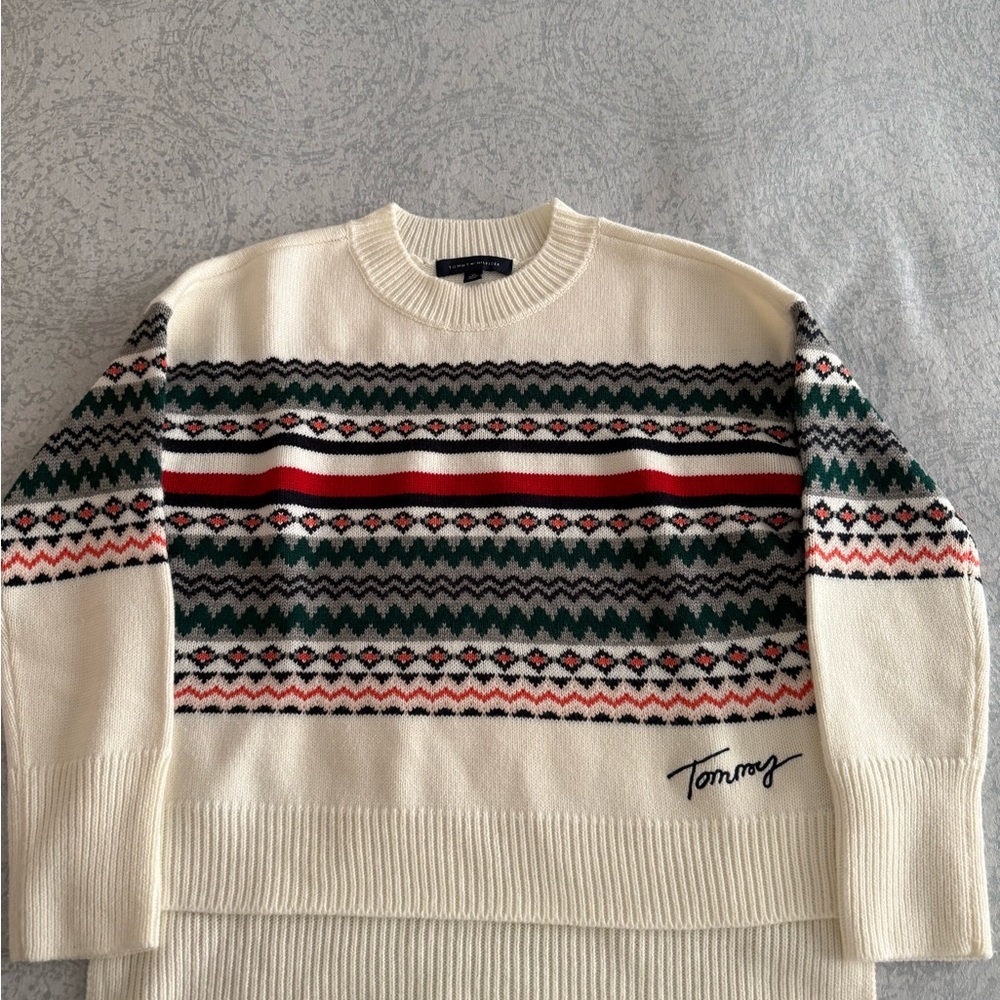 Tommy Hilfiger Cream and Green Cowl Neck Sweater